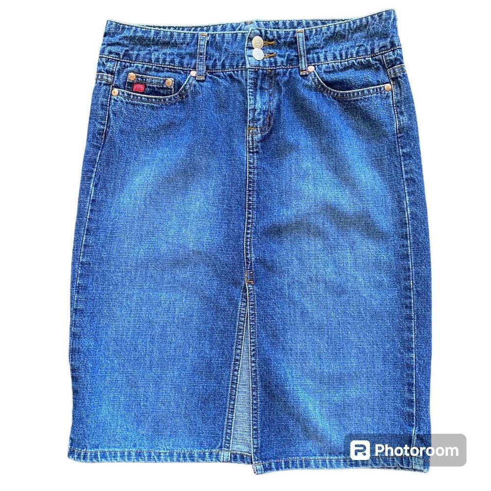 Y2K low-rise denim midi skirt.